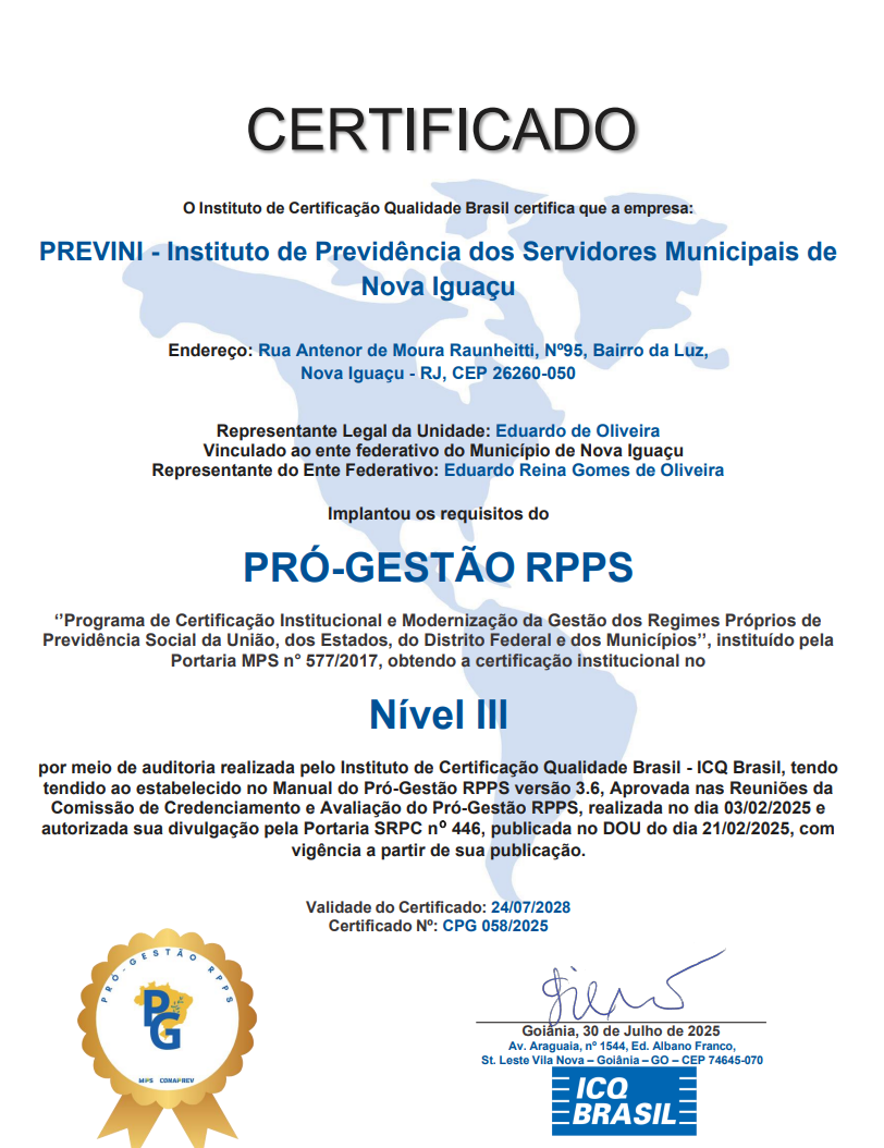 PREVINI CONQUISTA CERTIFICADO PRÓ GESTÃO NÍVEL III