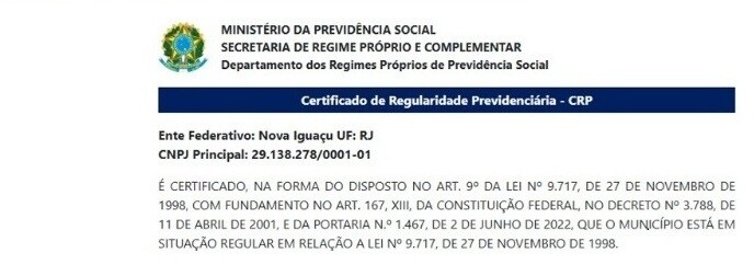 RENOVAÇÃO DO CERTIFICADO DE REGULARIDADE PREVIDENCIÁRIA (CRP)
